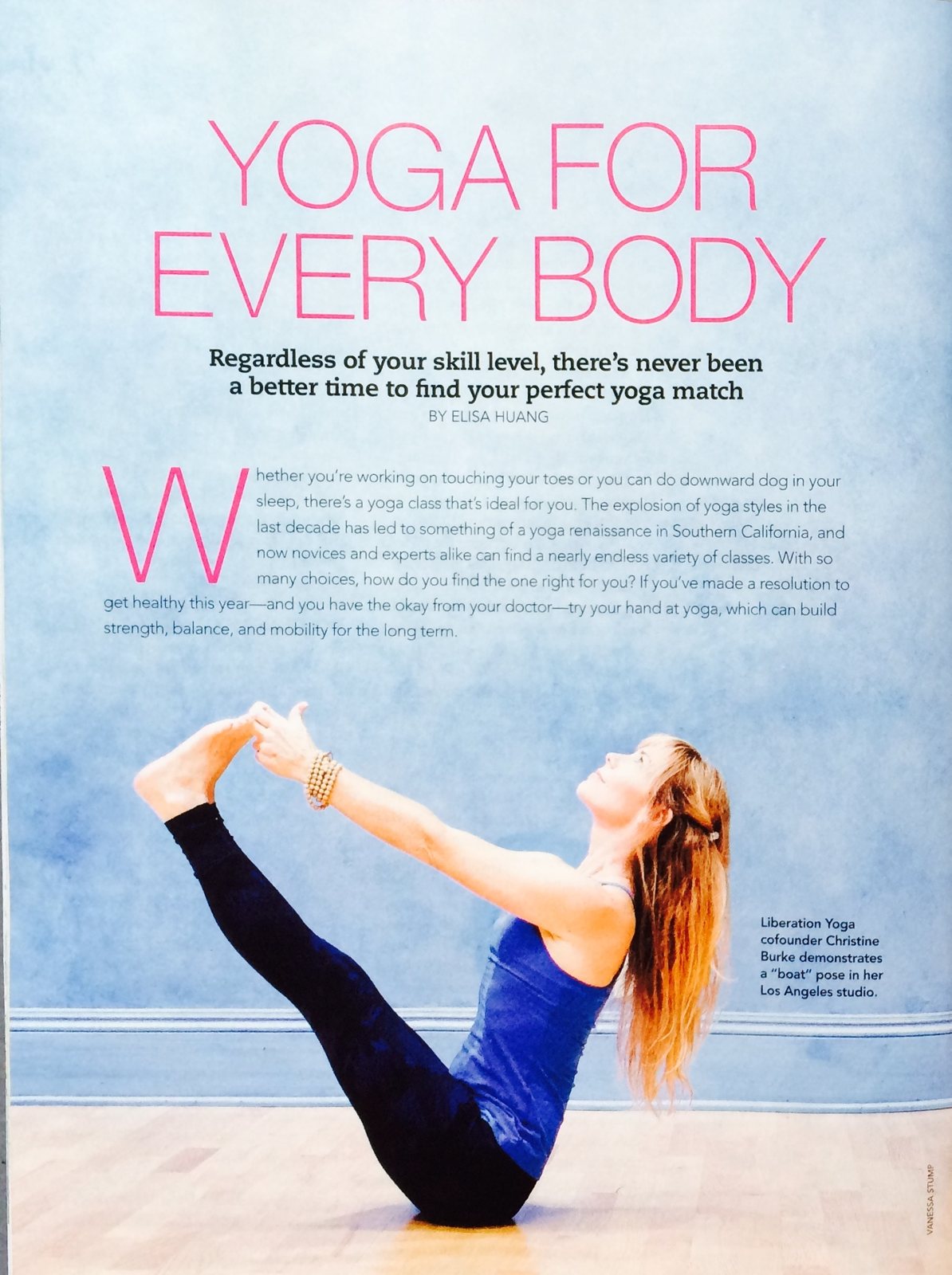 Westways magazine page: Christine Burke in boat pose under the headline Yoga for Every Body